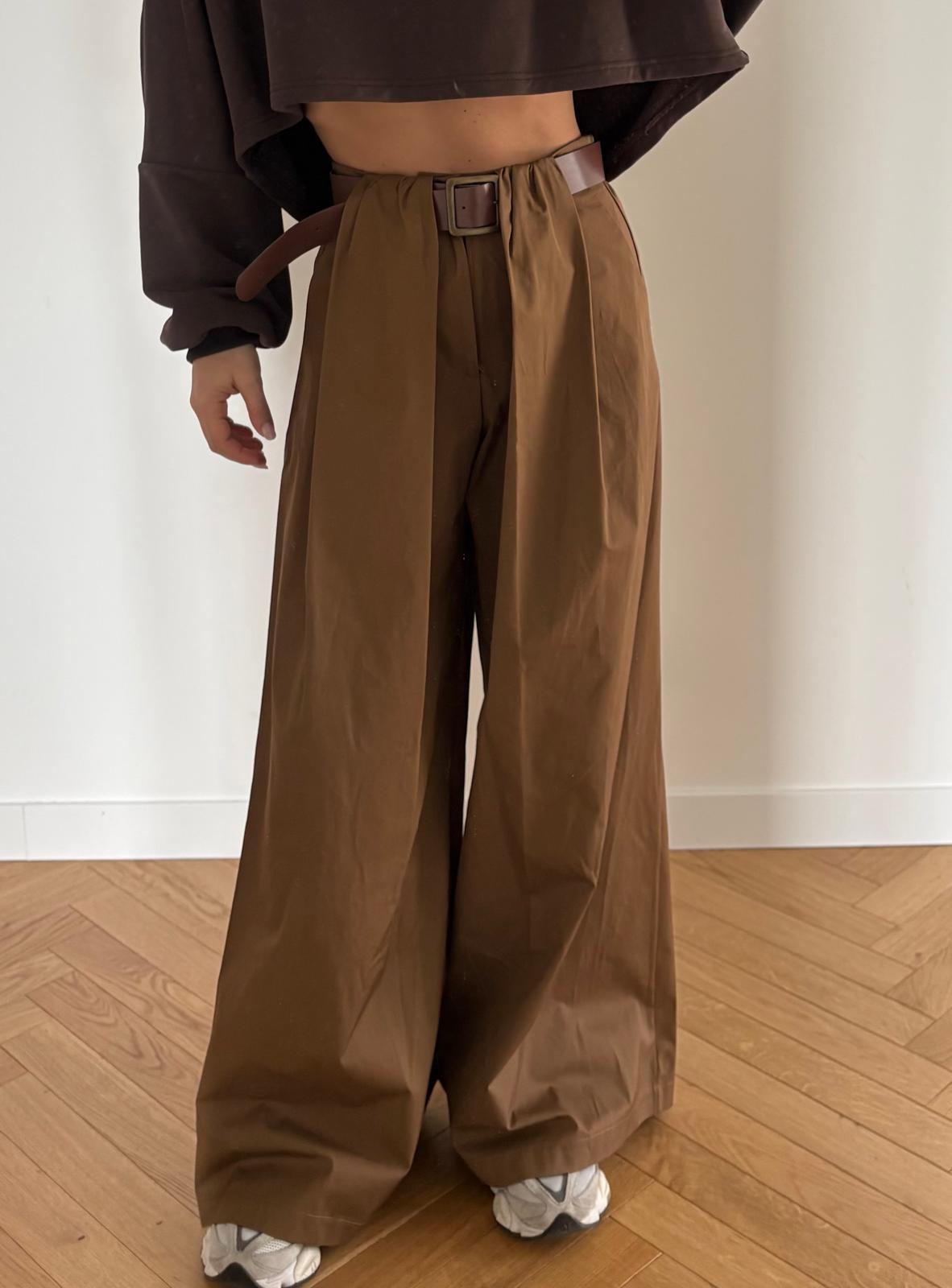 PANTALONI IN COTONE A PALAZZO CON CINTURA - MARRONE